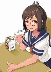 Rule 34 | 1girl, alakoala, alternate costume, bespectacled, blue sailor collar, blue skirt, brown eyes, brown hair, chair, commentary request, cowboy shot, dated, desk, glasses, hair ornament, hairclip, highres, i-401 (kancolle), juice box, kantai collection, looking at viewer, pen, pleated skirt, ponytail, sailor collar, school desk, school uniform, serafuku, short hair, signature, simple background, sitting, skirt, solo, white background