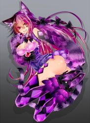 Rule 34 | 1girl, animal ears, animal hands, ass, bad id, bad pixiv id, bare shoulders, bell, blush, bow, breasts, bridal gauntlets, cat ears, cat paws, cat tail, checkered clothes, checkered legwear, cheshire cat (alice in wonderland), cheshire cat (monster girl encyclopedia), cleavage, facial mark, from behind, fur, grin, guiyu (cindy), hair bow, high heels, large breasts, long hair, monster girl, monster girl encyclopedia, monster girl encyclopedia ii, multicolored hair, personification, purple hair, red eyes, smile, solo, striped, striped tail, tail, thighhighs, two-tone hair