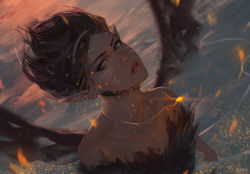 Rule 34 | 1girl, artist name, bare shoulders, black dress, black hair, black wings, blue eyes, collarbone, desert, dress, embers, evening, expressionless, facepaint, feather trim, guweiz, headband, jewelry, lips, looking at viewer, necklace, original, outdoors, parted lips, pendant, pointy ears, sand, short hair, solo, strapless, strapless dress, sunlight, teeth, upper body, wings