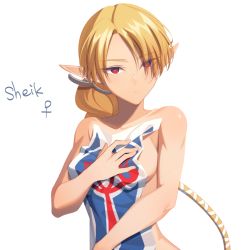 Rule 34 | 1girl, blonde hair, blush, braid, breasts, character name, covering privates, covering breasts, dark-skinned female, dark skin, long hair, looking at viewer, miri (cherryjelly), nintendo, nude, pointy ears, ponytail, red eyes, sheik, sheikah, simple background, solo, super smash bros., surcoat, the legend of zelda, the legend of zelda: ocarina of time, white background