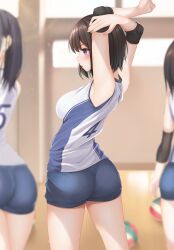 Rule 34 | 3girls, armpits, arms up, ass, ball, blue eyes, blue shorts, blurry, blurry background, breasts, brown hair, elbow pads, elbow sleeve, gym shorts, highres, indoors, knee pads, large breasts, minato ojitan, multiple girls, original, pantylines, shirt, shorts, sleeveless, sleeveless shirt, solo focus, sportswear, stretching, volleyball (object), volleyball uniform