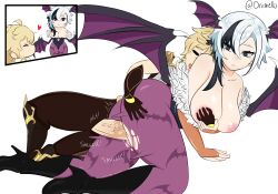 Rule 34 | 1boy, 1girl, absurdres, aether (genshin impact), arlecchino (genshin impact), ass, bad source, breasts, clothed sex, cosplay, genshin impact, hetero, highres, huge ass, large breasts, large penis, morrigan aensland, morrigan aensland (cosplay), oriimello, penis, sex, thick thighs, thighs, vaginal, wings