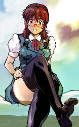 Rule 34 | 1girl, brown eyes, brown hair, commentary request, crossed legs, day, freckled girl (kamisimo 90), freckles, glasses, kamisimo 90, long hair, looking at viewer, original, pleated skirt, school uniform, shirt, simple background, sitting, skirt, sky, thighhighs, twintails, vest