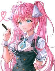 Rule 34 | 1girl, absurdres, aina 156cm, arm behind back, blue eyes, blush, braid, closed mouth, ear piercing, frills, hair ornament, hairclip, highres, holding, holding stylus, long hair, looking at viewer, original, piercing, pink hair, pink lips, short sleeves, simple background, smile, stylus, twintails, white background, wrist cuffs