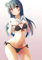 Rule 34 | 1girl, artist name, artist request, bare legs, bikini, black bikini, blue hair, blush, breasts, cleavage, clothes pull, collared shirt, female focus, front-tie top, hair bun, highres, long hair, looking at viewer, love live!, love live! sunshine!!, medium breasts, open clothes, parted lips, pink eyes, purple eyes, shirt, short sleeves, side-tie bikini bottom, side bun, single hair bun, small breasts, smile, solo, stomach, swimsuit, thighhighs, tsushima yoshiko, white background, white shirt