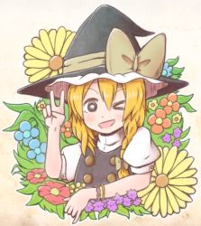 Rule 34 | &gt; o, 1girl, alison (alison airlines), blonde hair, blush, bow, braid, flower, hair bow, hat, kirisame marisa, one eye closed, side braid, solo, touhou, v, wink, witch hat