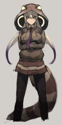 Rule 34 | 1girl, alenka, black leggings, blonde hair, brown jacket, brown skirt, closed mouth, collared jacket, cropped legs, crossed arms, detached hood, feet out of frame, grey background, hair between eyes, high collar, highres, hood, hood up, jacket, kemono friends, king cobra (kemono friends), leggings, long hair, long sleeves, looking at viewer, miniskirt, multicolored eyes, multicolored hair, necktie, pleated skirt, purple hair, red eyes, serious, shaded face, simple background, sketch, skirt, snake tail, solo, standing, tail, twintails, two-tone hair, v-shaped eyebrows, very long hair, yellow eyes