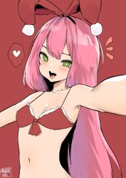 Rule 34 | 1girl, animal ears, bikini, blush, breasts, christmas, cleavage, commentary, english commentary, fake animal ears, green eyes, heart, highres, long hair, melissa renata, navel, norman maggot, open mouth, original, outstretched arm, petite, pink hair, rabbit ears, red background, red bikini, santa bikini, selfie, signature, small breasts, solo, spoken heart, swimsuit, teeth, upper teeth only, very long hair