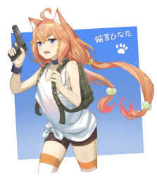 Rule 34 | 1girl, ahoge, animal ear fluff, animal ears, backpack, bag, bare arms, bare shoulders, bike shorts, black choker, black shorts, blue eyes, blush, camouflage, cat ears, choker, cropped legs, fang, flat chest, gun, hair bobbles, hair ornament, hair tie, handgun, highres, hinata channel, holding, holding gun, holding weapon, long hair, looking afar, looking away, low twintails, nekomiya hinata, open mouth, orange hair, pistol, playerunknown&#039;s battlegrounds, shinyu xingyu, shirt, shorts, solo, striped clothes, striped thighhighs, tank top, thighhighs, translated, trigger discipline, twintails, two-tone background, very long hair, virtual youtuber, weapon, white shirt, wrist cuffs