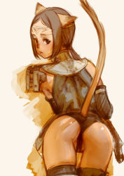 Rule 34 | 00s, 1girl, animal ears, armor, ass, branch (blackrabbits), brown eyes, brown hair, cat ears, cat girl, cat tail, clothing cutout, final fantasy, final fantasy xi, from behind, mithra (ff11), solo, sweat, tail, tail through clothes, thighhighs