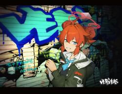 Rule 34 | 1girl, ahoge, aqua necktie, black jacket, blue archive, blue eyes, collared shirt, commentary request, double bun, graffiti, hair between eyes, hair bun, halo, holding, jacket, lang (mask), letterboxed, long sleeves, looking at viewer, maki (blue archive), necktie, red hair, shirt, short hair, solo, upper body, white shirt