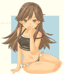 Rule 34 | 1girl, absurdres, adapted costume, arashio (kancolle), bikini, black bikini, breasts, brown eyes, brown hair, commentary request, covering privates, covering breasts, highres, kantai collection, long hair, looking at viewer, pot-de, sitting, small breasts, solo, swimsuit, tongue, tongue out, yokozuwari