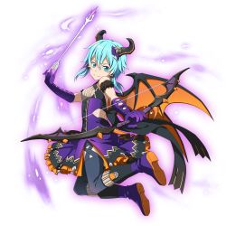 Rule 34 | 1girl, arrow (projectile), bare shoulders, blue eyes, blue hair, boots, bow (weapon), demon horns, dress, full body, gloves, highres, horns, official art, purple dress, purple gloves, sinon, sinon (sao-alo), smile, solo, sword art online, sword art online: memory defrag, transparent background, weapon