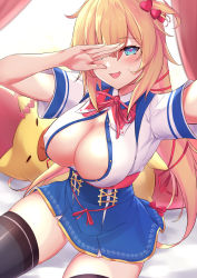 Rule 34 | 1girl, akai haato, akai haato (1st costume), areola slip, black thighhighs, blonde hair, blush, breasts, cocoablue23, covering face, curtains, haaton (akai haato), hair ornament, heart, heart-shaped pupils, heart hair ornament, highres, hololive, large breasts, long hair, no bra, one side up, open clothes, open shirt, short sleeves, sitting, skirt, symbol-shaped pupils, thighhighs, very long hair, virtual youtuber