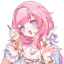 Rule 34 | 1girl, absurdres, bikini, bikini top only, blue eyes, bracelet, breasts, cleavage, elf, elysia (honkai impact), elysia (miss pink elf) (honkai impact), elysia (summer miss elf) (honkai impact), hair between eyes, headband, highres, holding, holding ice cream cone, honkai (series), honkai impact 3rd, ice cream cone, jewelry, long hair, looking at viewer, miermere, necklace, open mouth, pearl necklace, pink hair, pointy ears, portrait, see-through, see-through sleeves, smile, solo, swimsuit, white background, white headband