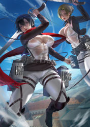 Rule 34 | 2girls, annie leonhart, belt, belt buckle, black hair, blue eyes, blue sky, boots, breasts, brown eyes, brown jacket, buckle, building, city, cleavage, cropped jacket, foot out of frame, hair between eyes, hair bun, hair up, harness, holding, holding weapon, holster, jacket, knee boots, large breasts, long sleeves, looking at viewer, medium hair, mikasa ackerman, multiple girls, outdoors, pants, parted bangs, parted lips, red scarf, rooftop, scarf, see-through, see-through shirt, shingeki no kyojin, shirt, short hair, sky, survey corps, thigh holster, thigh strap, three-dimensional maneuver gear, waist sash, weapon, white pants, white shirt, xixi (xixihenlan ing)