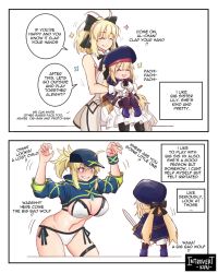 Rule 34 | 2koma, 3girls, ahoge, artoria caster (fate), artoria caster (second ascension) (fate), artoria pendragon (all), artoria pendragon (fate), baseball cap, bikini, black bow, blonde hair, blue cape, blue headwear, blue jacket, bow, breast envy, breasts, cape, comic, dress, english text, fate/grand order, fate (series), gloves, hair bow, hair through headwear, hat, introvert-kun, jacket, large breasts, long hair, multiple girls, mysterious heroine x (fate), mysterious heroine xx (fate), ponytail, red cape, saber lily, shrug (clothing), side-tie bikini bottom, sleeveless, sleeveless dress, speech bubble, swimsuit, twintails, two-tone cape, white bikini, white dress, white gloves