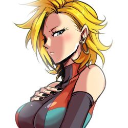 Rule 34 | 1girl, android 18, android 21, black nails, blonde hair, blue eyes, blush, breasts, collarbone, detached sleeves, dragon ball, dragon ball fighterz, earrings, from side, fusion, hoop earrings, impossible clothes, jewelry, kemachiku, large breasts, lowres, nail polish, potara earrings, skin tight, solo, turtleneck