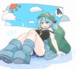 Rule 34 | 1girl, absurdres, backpack, bag, bandaid, black tank top, blue footwear, blue hair, blue jacket, blue sky, boots, breasts, cloud, flat cap, full body, green bag, green eyes, green hat, hair bobbles, hair ornament, hat, highres, jacket, kawashiro nitori, key, open mouth, outdoors, pocket, puddle, rubber boots, short hair, sky, solo, spoken squiggle, squiggle, sun, tank top, tatutaniyuuto, touhou, twintails, v-shaped eyebrows