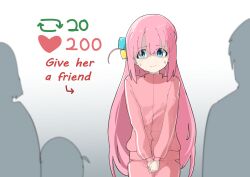 Rule 34 | 1girl, absurdres, arrow (symbol), blue eyes, blush, bocchi the rock!, closed mouth, cube hair ornament, english text, feeq, gotoh hitori, hair ornament, highres, jacket, like and retweet, long hair, long sleeves, looking at viewer, meme, one side up, own hands together, pants, people, pink hair, pink jacket, pink pants, solo focus, sweat, track jacket, twitter strip game (meme)
