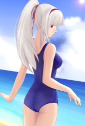 Rule 34 | 1girl, beach, from behind, hairband, idolmaster, idolmaster (classic), long hair, looking back, one-piece swimsuit, ponytail, red eyes, school swimsuit, shijou takane, silver hair, solo, swimsuit, sya, water