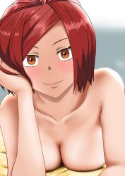 Rule 34 | 1girl, bed, blush, breast press, breasts, cleavage, collarbone, en&#039;en no shouboutai, large breasts, lisa isaribi, looking at viewer, lying, nude, on stomach, red eyes, red hair, smile, solo, valo (jonjulio)