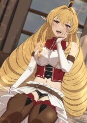 Rule 34 | 1girl, ahoge, anju (artist), blonde hair, boots, breasts, detached sleeves, drill hair, elf, elinalise dragonroad, feet out of frame, hair between eyes, hand on own face, highres, light blush, lips, long hair, looking at viewer, medium breasts, midriff, mushoku tensei, navel, on bed, open mouth, orange eyes, pointy ears, signature, sitting, smile, solo, teeth, thigh boots, very long hair, white sleeves