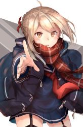 Rule 34 | 1girl, absurdres, ahoge, artoria pendragon (all), artoria pendragon (fate), blonde hair, braid, fate/grand order, fate (series), garter straps, highres, index finger raised, jacket, looking at viewer, mysterious heroine x alter (fate), mysterious heroine x alter (first ascension) (fate), orange eyes, plaid, plaid scarf, ranf, red scarf, saber (fate), scarf, school uniform, serafuku, solo, thighhighs