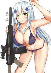 Rule 34 | 1girl, absurdres, assault rifle, bent over, bikini, blush, breasts, character name, cleavage, eyebrows, girls&#039; frontline, green eyes, gun, h&amp;k hk416, hair ornament, heckler &amp; koch, highres, hk416 (girls&#039; frontline), large breasts, leaning forward, long hair, looking at viewer, navel, negister, purple bikini, rifle, silver hair, sketch, smile, solo, standing, swimsuit, tattoo, weapon