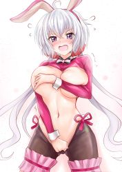 Rule 34 | 1girl, ahoge, animal ears, blush, bow, bowtie, breast hold, breasts, covering breasts, covering crotch, covering nipples, covering privates, cropped jacket, embarrassed, fake animal ears, highres, large breasts, light purple hair, looking at viewer, low twintails, meme attire, navel, purple eyes, r-binon, rabbit ears, revealing clothes, reverse bunnysuit, reverse outfit, senki zesshou symphogear, shiny skin, solo, standing, stomach, twintails, white background, wrist cuffs, yukine chris