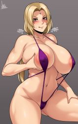 Rule 34 | 1girl, absurdres, artist name, blonde hair, breasts, brown eyes, cleavage, cleft of venus, curvy, facial mark, forehead mark, grabbing own breast, grey background, hand on own thigh, highres, jewelry, jmg, large breasts, long hair, looking at viewer, makeup, mature female, nail polish, naruto (series), navel, one-piece swimsuit, parted bangs, pink lips, purple one-piece swimsuit, red nails, slingshot swimsuit, smile, solo, standing, steam, steaming body, summer, swimsuit, thick thighs, thighs, tsunade (naruto), water