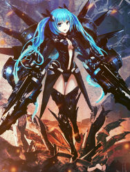 Rule 34 | 1girl, bad id, bad pixiv id, blue hair, boots, breasts, center opening, cleavage, green (pixiv4667708), hatsune miku, long hair, medium breasts, solo, thigh boots, thighhighs, twintails, very long hair, vocaloid, weapon