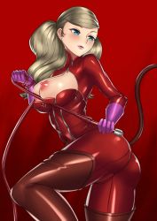 Rule 34 | 10s, 1girl, ass, bad id, bad pixiv id, blonde hair, blue eyes, bodysuit, breasts, brown thighhighs, cameltoe, earrings, from behind, gloves, hair ornament, hairclip, jewelry, latex, latex gloves, latex suit, long hair, looking back, medium breasts, nipples, one eye closed, persona, persona 5, purple gloves, shiny clothes, shiny skin, sideboob, skin tight, smile, solo, tail, takamaki anne, thighhighs, thighs, twintails, v-shaped eyebrows, vanquice, whip, wink, zipper