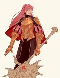 Rule 34 | 1girl, arm guards, armor, axe, beige background, cape, downscaled, earrings, female focus, fire emblem, fire emblem: three houses, freikugal (weapon), gauntlets, gerome (fire emblem) cosplay, gold armor, hair down, heroes relic (fire emblem), high collar, highres, hilda valentine goneril, holding, holding axe, holding weapon, hoop earrings, jewelry, long hair, long sleeves, matching hair/eyes, md5 mismatch, nintendo, pink eyes, pink hair, plate armor, pointing, pointing down, puffy long sleeves, puffy sleeves, red cape, resized, romanimps, shoulder guard, smile, solo, solo focus, standing, weapon