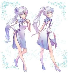 Rule 34 | 1girl, blue eyes, breasts, china dress, chinese clothes, cleavage, commentary, dress, earrings, gloves, high heels, iesupa, jewelry, multiple views, ponytail, pumps, rwby, scar, scar across eye, scar on face, single glove, small breasts, weiss schnee, white dress, white hair