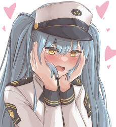 Rule 34 | 1girl, blue hair, blush, embarrassed, goddess of victory: nikke, hands on own cheeks, hands on own face, hat, heart, highres, jacket, long hair, military, military hat, military jacket, military uniform, open mouth, peaked cap, privaty (nikke), solo, twintails, uniazi mikan, uniform, very long hair, wavy mouth, white hat, white jacket, yellow eyes