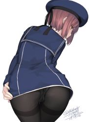 Rule 34 | 10s, 1girl, artist name, ass, black pantyhose, blue dress, blue hat, brown eyes, brown hair, cowboy shot, crotch seam, dated, dress, from behind, hand on own thigh, hat, kantai collection, leaning forward, looking at viewer, looking back, panties, panties under pantyhose, pantyhose, parted lips, profile, rokuwata tomoe, sailor collar, sailor dress, sailor hat, short dress, short hair, simple background, solo, thighband pantyhose, trefoil, twitter username, underwear, white background, z3 max schultz (kancolle)