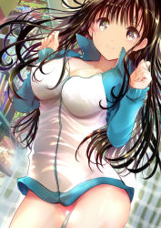 Rule 34 | 1girl, absurdres, black hair, blush, bookshelf, breasts, cleavage, closed mouth, coat, commentary request, cowboy shot, hands up, highres, indoors, large breasts, legs apart, long hair, long sleeves, looking at viewer, messy hair, multicolored eyes, naked coat, ogata tei, original, shiny skin, shop, smile, solo, standing, zipper