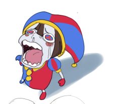 Rule 34 | 1girl, artist request, chopper crying (meme), full body, glitch productions, hat, jester, jester cap, meme, multicolored eyes, one piece, open mouth, parody, pomni (the amazing digital circus), sad, short hair, simple background, tears, the amazing digital circus, white background