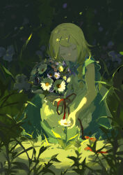 Rule 34 | 1girl, absurdres, apron, blonde hair, blue dress, blurry, bouquet, braid, closed eyes, closed mouth, colored eyelashes, daisy, depth of field, dress, flat chest, flower, grass, green theme, hair ornament, hair ribbon, hairclip, highres, holding, holding bouquet, irple, kagamine rin, light smile, lily (flower), red ribbon, ribbon, side braid, smile, solo, squatting, sundress, swept bangs, vocaloid, white apron, white flower