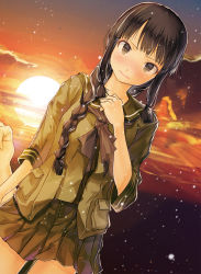 Rule 34 | 10s, 1girl, black eyes, black hair, blush, braid, dutch angle, hair over shoulder, kantai collection, kitakami (kancolle), long hair, pout, school uniform, single braid, solo, sunset, yae (mono110)