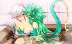 Rule 34 | 10s, 2girls, animal ears, ass, bathroom, bathtub, blue eyes, blush, breasts, claws, collarbone, colored eyelashes, dragon ears, dragon girl, dragon horns, dragon tail, female admiral (kancolle), g (genesis1556), grabbing, grabbing another&#039;s breast, green eyes, green hair, hand on breast, horns, hug, kantai collection, karutia (g (genesis1556)), large breasts, licking, licking another&#039;s neck, long hair, monster girl, multiple girls, nude, partially submerged, same-sex bathing, scales, scar, shared bathing, short hair, silver hair, tail, tile wall, tiles, tongue, tongue out, tsubasa ryuuji, very long hair, water, yuri