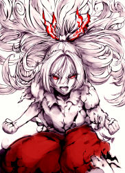 Rule 34 | &gt;:o, 1girl, :o, bow, clenched hands, collarbone, fighting stance, fujiwara no mokou, gerusyu, hair bow, highres, long hair, looking at viewer, open mouth, pants, red eyes, red pants, serious, shirt, simple background, solo, torn clothes, touhou, v-shaped eyebrows, very long hair, white background