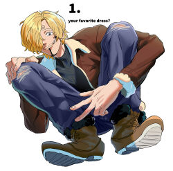 Rule 34 | 1boy, alternate costume, black eyes, blonde hair, brown footwear, brown jacket, cigarette, commentary, curly eyebrows, denim, english commentary, english text, facial hair, full body, fur-trimmed footwear, fur-trimmed jacket, fur trim, hair over one eye, hand on own knee, jacket, jeans, long sleeves, looking at viewer, male focus, mouth hold, one piece, pants, rita ya, sanji (one piece), solo, squatting, torn clothes, turtleneck, v