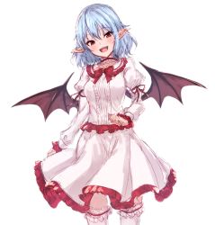 Rule 34 | 1girl, :d, arm ribbon, bat wings, blue hair, blush, bow, bowtie, breasts, bridal garter, center frills, choker, commentary, dress, feet out of frame, frilled choker, frilled dress, frilled shirt collar, frills, hair between eyes, head tilt, highres, juliet sleeves, junior27016, long sleeves, looking at viewer, medium breasts, no headwear, open mouth, pointy ears, puffy sleeves, red bow, red bowtie, red eyes, red ribbon, remilia scarlet, ribbon, simple background, sketch, smile, solo, standing, thighhighs, touhou, white background, white dress, white thighhighs, wings, zettai ryouiki