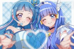 2girls aokaze_nana aoki_reika arched_bangs arm_cuffs artist_name black_choker blue_background blue_bow blue_choker blue_dress blue_eyes blue_hair blue_ribbon blunt_bangs blurry border bow choker collarbone crossover cure_beauty cure_wink detached_collar detached_sleeves dress earpiece english_text eyelashes fingernails flat_chest hair_bow hair_bun hairband highres in-franchise_crossover kimi_to_idol_precure light_blush long_hair long_sidelocks looking_at_viewer magical_girl mochico_bb multicolored_hair multiple_girls one_eye_closed outstretched_arm outstretched_hand plaid_background plaid_bow plaid_clothes plaid_sleeves precure purple_eyes purple_hair purple_streaks ribbon ribbon_choker side_up_bun sidelocks single_hair_bun smile smile_precure! straight_hair streaked_hair teeth tiara two-tone_hair upper_body watermark white_border white_hairband wing_hair_ornament