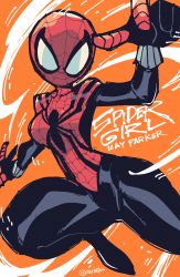 Rule 34 | 1girl, absurdres, animification, bodysuit, breasts, character name, commentary, highres, looking at viewer, marvel, mask, mayday parker, medium breasts, orange background, rariatto (ganguri), red bodysuit, solo, spider-girl, spider-man (series), spider web print, superhero costume, symbol-only commentary