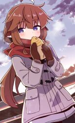 Rule 34 | 1girl, ahoge, animal ears, blue eyes, blush, brown gloves, brown hair, cloud, coat, commentary request, cowboy shot, duffel coat, dusk, eating, food, gloves, highres, long hair, long sleeves, looking to the side, low ponytail, original, outdoors, parted lips, railing, red scarf, scarf, sky, solo, taiyaki, wagashi, yukinagi
