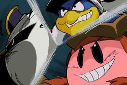 Rule 34 | armor, colored skin, getter robo, goggles, goggles on head, grin, highres, king dedede, kirby, kirby: planet robobot, kirby (series), mask, meta knight, nintendo, parody, pauldrons, pink skin, shoulder armor, smile, teeth, v-shaped eyebrows, xtremexavier