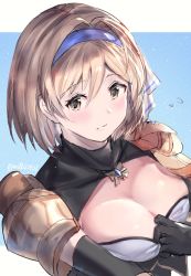 Rule 34 | 1girl, armor, bad id, bad pixiv id, black gloves, blue hairband, breasts, cleavage, closed mouth, commentary request, covered collarbone, djeeta (granblue fantasy), elbow gloves, flying sweatdrops, gloves, granblue fantasy, hair between eyes, hair ribbon, hairband, hand up, highres, light brown hair, medium breasts, milli little, pauldrons, ribbon, short hair, shoulder armor, solo, twitter username, upper body, white ribbon